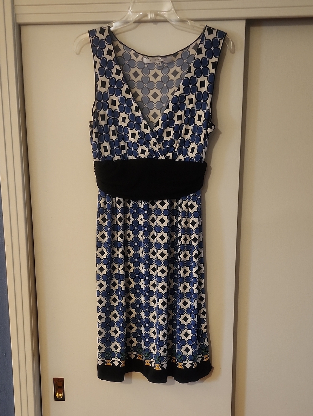 Studio Sleeveless Blue & White Geometric Print Dress with Black Waistband